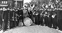 Albert Einstein and a Salvation Army band before a performance at the Rose Bowl Parade, in California, 1926.