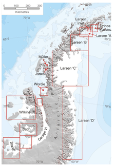 Carte de l'Antarctique indiquant l'emplacement des principaux segments de la barrière de Larsen (A, B, C et D).