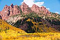 South end of Sievers Mountain above Maroon Lake. These reddish crags are Maroon Formation.