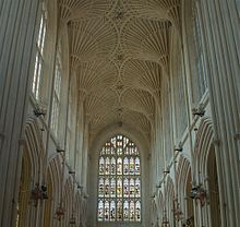 The nave of Bath Abbey - Scott's stone fan vaulting that replaced the ancient wooden ceiling to the original design by Robert and William Vertue. Bath Abbey Fan Vaulting - July 2006 crop.jpg