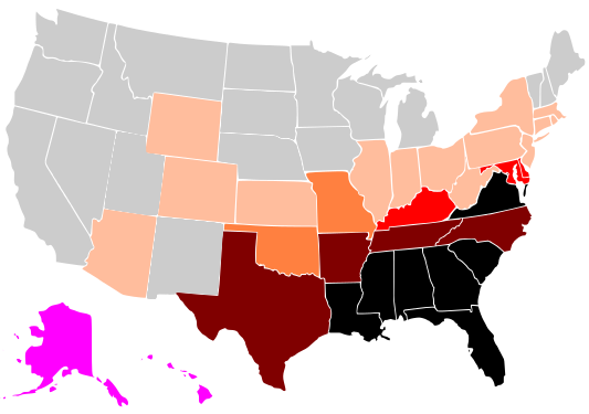 A map of the black percentage of the U.S. population by each state/territory in 1900. Black = 35.00+% Brown = 20.00-34.99% Red = 10.00-19.99% Orange = 5.00-9.99% Light orange = 1.00-4.99% Gray = 0.99% or less Magenta = No data available