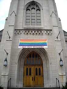 Church of the Pilgrims in Washington, D.C. indicating its support for LGBT rights Church of the Pilgrims entrance.JPG