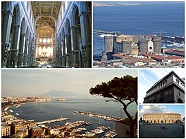 Kolase kota Napoli: kiri atas interior dari Katedral Napoli, diikuti dengan Castello Nuovo, dan pemandangan pelabuhan kota dan Teatro San Carlo.