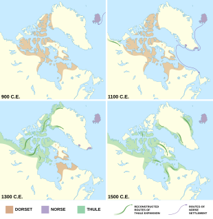 Four maps of the Canadian Arctic and Greenland, representing 900 CE, 1100 CE, 1300 CE, and 1500 CE respectively. Colored areas on each map indicate the extent and migration patterns over time of the Dorset, Thule, and Norse cultures.