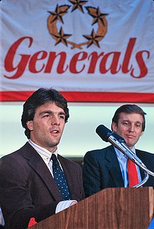 Doug Flutie and Donald Trump at a New Jersey Generals football press conference in February 1985 Doug Flutie, Donald Trump, Generals football press conference.jpg