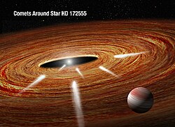 星周円盤を横切り中心星（HD 172555）へ突っ込んでゆく系外彗星の想像図。出典: NASA, ESA, and A. Felid & G. Bacon (STScI)[1]