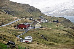 Ljósá, looking south, with the village of Langasandur visible on the other side of Sundini (on Streymoy).