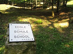 Pancarte indiquant l'emplacement de l'école de Fleury, village détruit