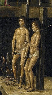 Non-trinitarian Cathars wearing loincloths being burnt at the stake in an auto-da-fe (c. 1495, with garrote and phallus), presided over by Saint Dominic, oil on panel by Pedro Berruguete. Garotte - Excerpt from Pedro Berruguete - Saint Dominic Presiding over an Auto-da-fe.jpg