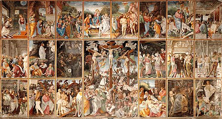16th-century Italian cycle in fresco by Gaudenzio Ferrari with 21 scenes from Annunciation to Resurrection: Top row: Annunciation, Nativity, Visit of the Three Magi, Flight to Egypt, Baptism of Christ, Raising of Lazarus, Entry to Jerusalem, Last Supper. Middle row: Washing of feet, Agony in the Garden, Arrest of Christ, Trial before the Sanhedrin, Trial before Pilate, Flagellation. Bottom row: Ecce homo, Carrying the cross, Christ falls, Crucifixion, Deposition from the cross, Harrowing of Hell, Resurrection. GaudenzioFerrari StorieCristo Varallo2.jpg