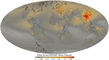 An oval map of earth which uses colors to indicate different quantities