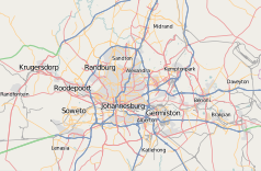 Mapa konturowa aglomeracji Johannesburga, blisko centrum po lewej na dole znajduje się punkt z opisem „Orlando Stadium”
