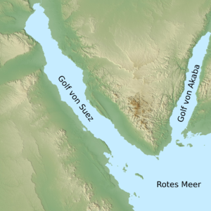 Die Sinai-Halbinsel mit dem Golf von Suez im Westen und dem Golf von Akaba im Osten