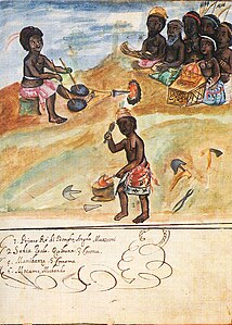 Scene of iron-working in 1650s Angola, with Lusona depicted on the upper right, below the crown