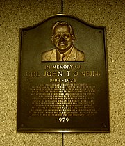 A plaque of Colonel John T. O'Neill is located in the station John T Oniell plaque 57 jeh.jpg