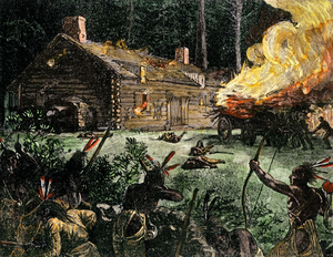 Нападение индейцев на дом английских поселенцев во время войны короля Филипа. Цветная гравюра XIX века
