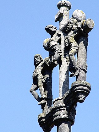 Another view of Christ and the good and bad robbers. Part of the Chapelle Notre-Dame-de-Lorette Calvary at Irvillac