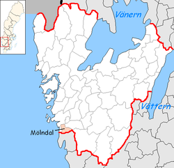 Община Мьолндал на картата на лен Вестра Йоталанд, Швеция