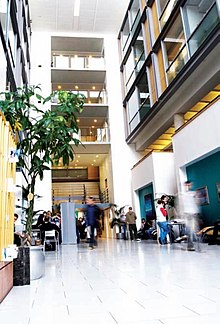 Atrium of MBS East situated on the corner of Booth Street West and Oxford Road. It is the home to the Undergraduate Services and some of the Research Centres MBS East Building.jpg
