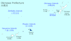 Ostrovy Mijako (podbarveny uprostřed) na mapě prefektury Okinawa