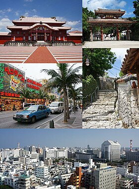 Do topo, à esquerda: Castelo de Shuri, Shureimon, Kokusai dōri, Kinjocho Ishidatami-michi, Área central de Naha