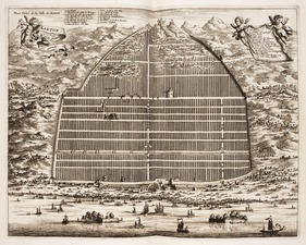 Воображаемая карта Ниеухофа «Кантона» 1665 года,[22] сделанная из вторых рук, когда европейцам всё ещё был запрещён вход в обнесённый стеной город