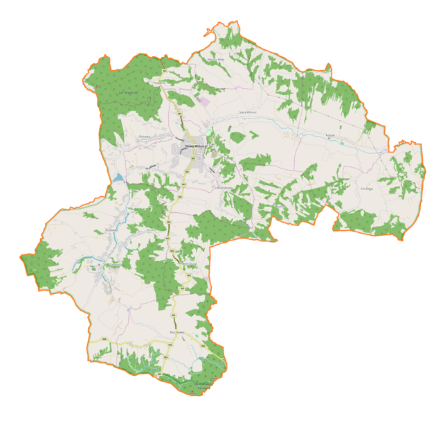 Mapa konturowa gminy Nowy Wiśnicz, blisko centrum u góry znajduje się punkt z opisem „Nowy Wiśnicz”