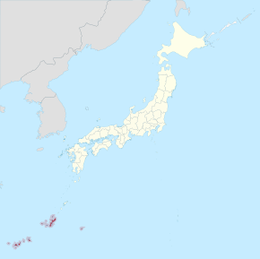 Poloha prefektury Okinawa (ostrůvky vlevo dole) na mapě Japonska
