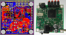 A PCB as a design on a computer (left) and realized as a board assembly populated with components (right). The board is double sided, with through-hole plating, green solder resist and a white legend. Both surface mount and through-hole components have been used. PCB design and realisation smt and through hole.png