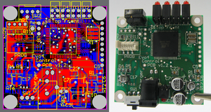 A PCB as a design on a computer (left) and rea...