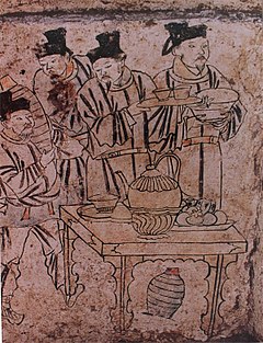 A mural of people preparing drinks of Liao Dynasty. Preparing drinks, mural from Tomb in Aohan, Liao Dynasty.jpg