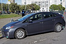 Prius Plug-in Hybrid in San Francisco with California's clean air green sticker for HOV access Prius Plug-in 04 2015 SFO 2516.JPG