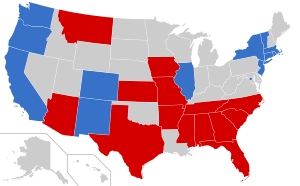 Pro-sanctuary states are in blue, states which have banned sanctuary cities are in red, and states in gray have no official policy. Sanctuary Policy by State.svg