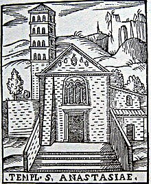 1588 engraving, showing the church before its 17th-century alterations. Sant'Anastasia by Girolamo Francino (1588).jpg