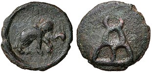 Taxila coin, elephant with arched-hill symbol (185-168 BCE).