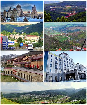 From top, left to right: Kecharis Monastery • Tsaghkadzor Olympic ComplexDowntown Tsaghkadzor • Tsaghkadzor skylineMariott Tsaghkadzor • Golden Palace HotelTsaghkadzor with Tsaghkunyats Mountains