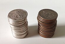 A stack of twenty Walking Liberty half dollars (left), which contain 90% silver. In an example of Gresham's law, these coins were quickly hoarded by the public after the Coinage Act of 1965 debased half dollars to contain only 40% silver, and then were debased entirely in 1971 to base cupronickel (right). Two stacks of half dollars, one silver, one clad - effects of the Coinage Act 1965.jpg