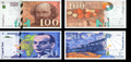 Bancnote de 50 și de 100 de franci noi (avers și revers): Antoine de Saint-Exupéry, 1993, 50 franci; Paul Cézanne, 1997, 100 franci