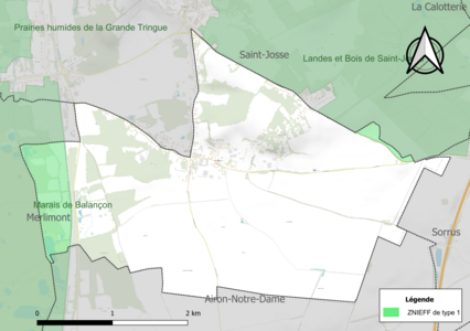 Carte des ZNIEFF de type 1 sur la commune.