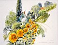 Aquarell von Hansjörg Swetina: Sonnenblumen an der Weinstraße