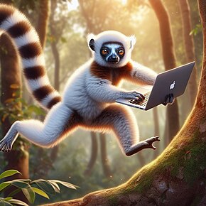 AI-generated image of a Coquerel's sifaka, a white, brown, and black lemur, sitting in a tree editing Wikipedia on a computer