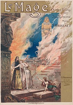 Affiche du grand opéra Le Mage de Jules Massenet, créée par Alfredo Edel pour la première représentation le 16 mars 1891 par l'opéra de Paris. (définition réelle 7 318 × 10 443)