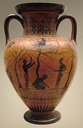 This 6th century Athenian black-figure urn, in the British Museum, depicts the olive harvest. Many farmers, enslaved for debt, would have worked on large estates for their creditors. Amphora olive-gathering BM B226.jpg