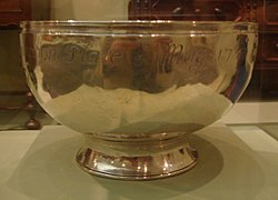 The Annapolis Subscription Plate, awarded to the winner of the first recorded formal horse race in Maryland. The race was held in May 1743 and was won by Dungannon, owned by the planter and horse breeder George Hume Steuart. Annapolis subscription plate.jpg