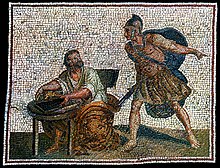 barevná mozaika vojáka vyzbrojeného mečem, který ukázal na sedícího muže v rouchu starověkého stylu