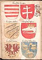 Armorial Bellenville címerkönyv lapja, felül magyar címerpajzsok és Anjou sisakdísz[1]