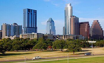 A view of the Austin skyline as taken from Butler Park, facing a north northeast direction