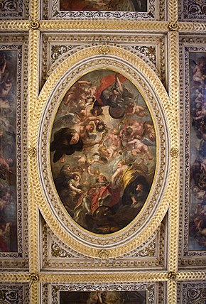 The Apotheosis of James I, the central panel of the ceiling, by Peter Paul Rubens Banqueting House 03.jpg