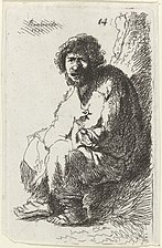 Mendiant, assis contre une colline, gravure de Thomas Worlidge (XVIIIe siècle, Rijksmuseum Amsterdam), d'après l'estampe Autoportrait en mendiant de 1630 (B. 174).