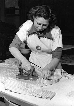 Woman ironing a shirt (Köln, Germany 1953).